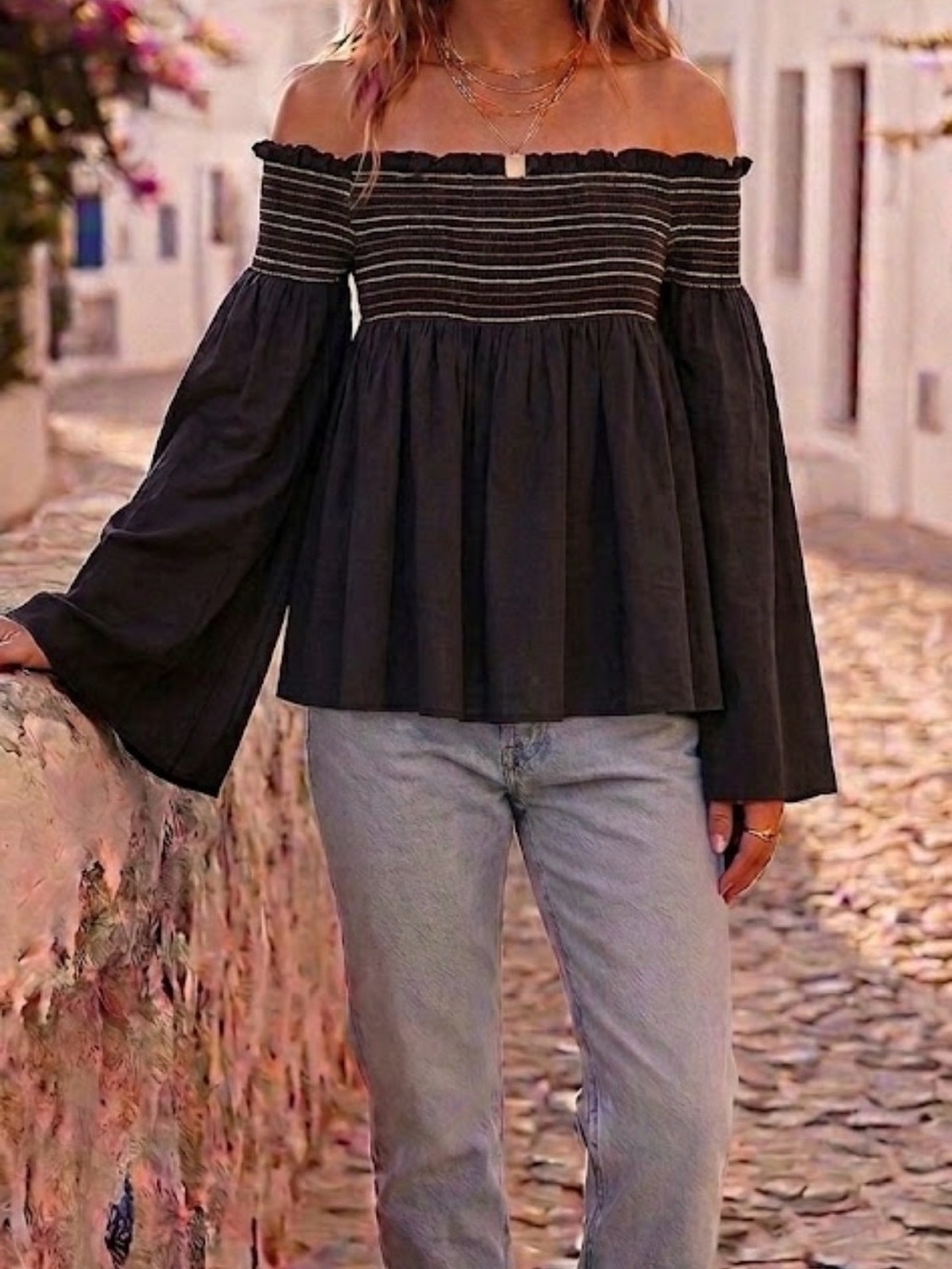 Vintage Havana Black Off-Shoulder Smocked Peasant Top